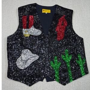 Vintage JC Women's XXL Black Handmade Sequin Cowboy Button Front Western Vest